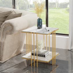 LUVODI 2-Tier Marble Sofa Side Coffee Table Square Metal Frame Gold Black Modern Living Room Furniture