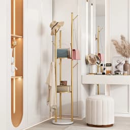 Metal Gold Coat Rack Stand with Marble Shelf Hall Tree Organizer Hanger for Entryway Decorative Storage