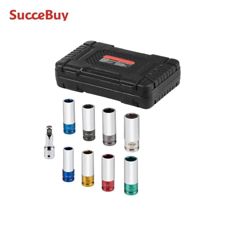 SucceBuy Lug Nut Impact Socket Set1/2in Drive Metric SAE 6-Point Deep Socket Set 8 Total Lug Nut Sizes CR-MO Wheel Socket Set