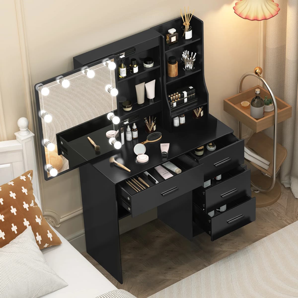 LED Lights Vanity Desk Makeup Dressing Table Set with 4 Drawers Sliding Mirror