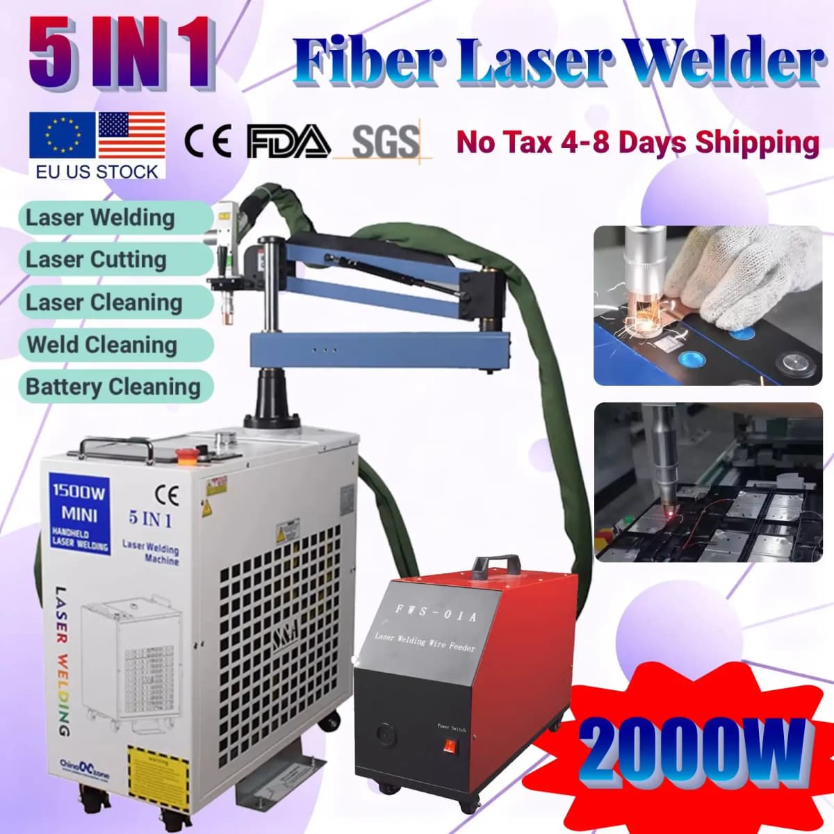 5 IN 1 Multifunction Fiber Laser Welding Cutting Cleaning Machine Handheld Battery Welder Water Cooling for All Metal