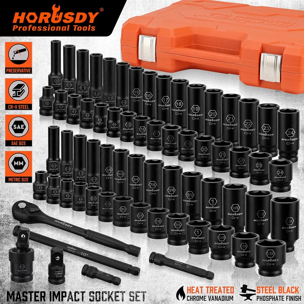 HORUSDY 66Pc 1/2" Impact Socket Set Metric & SAE Deep Sockets Ratchet Wrench