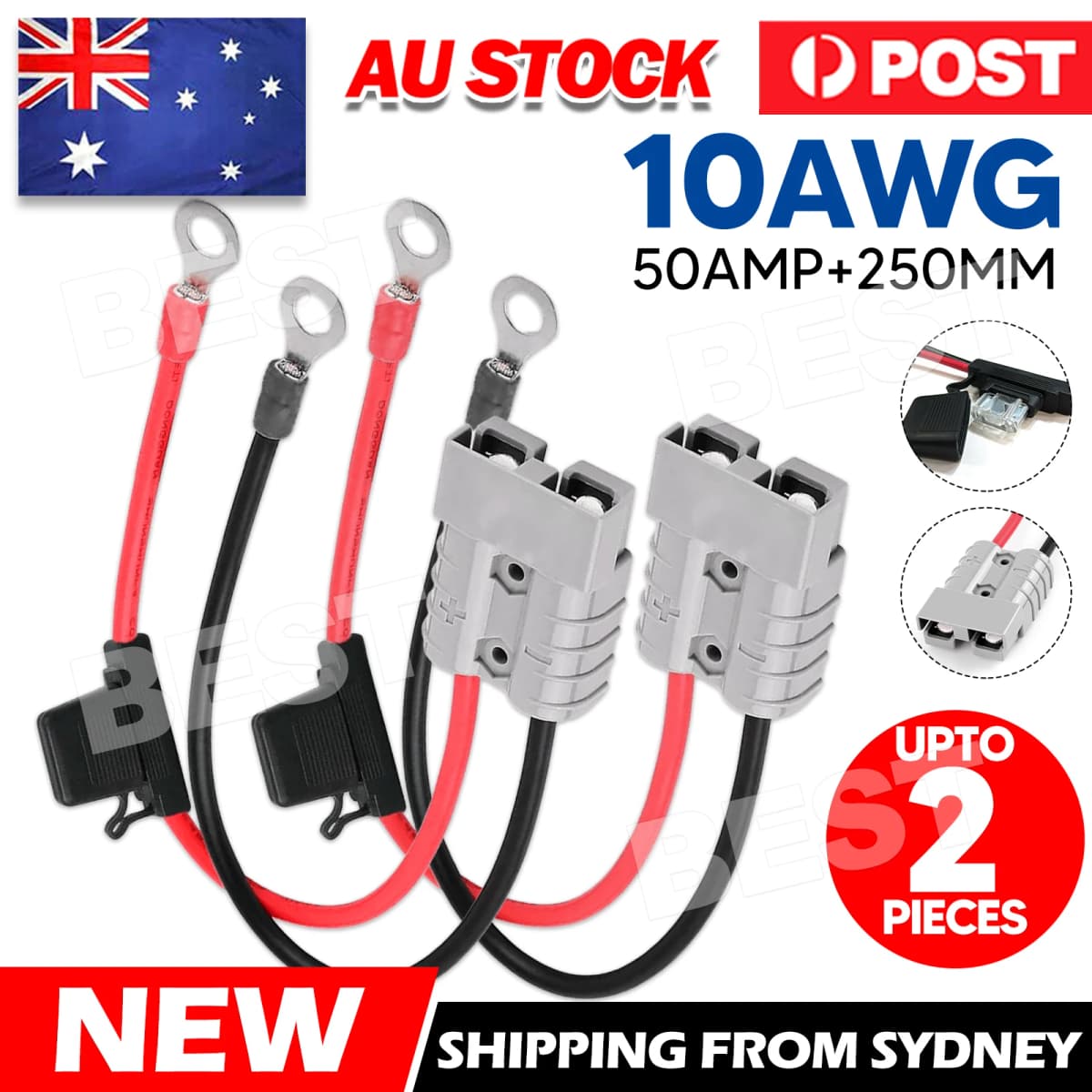 FUSED Anderson Lead 50amp plug to 8mm Lugs, 10 B&S 60 amp cable lead OZ