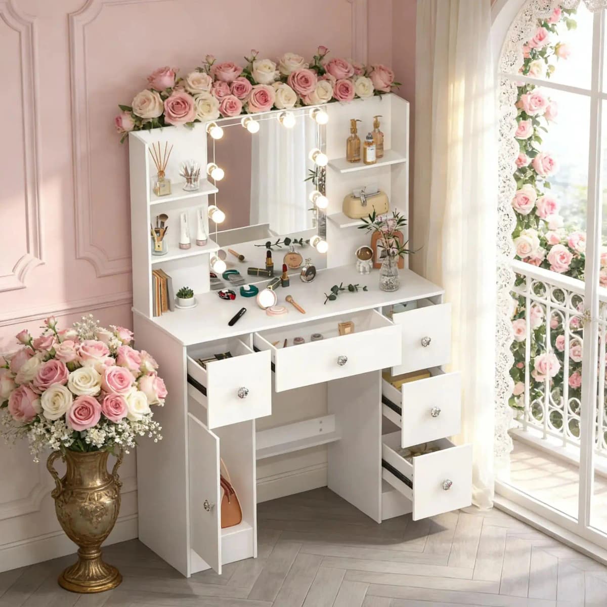 Vanity Dressing Table、Makeup Vanity Set、Light Luxury Bedroom Furniture、3 Color Dimmable LED Mirror、5 Drawers Storage Organizer