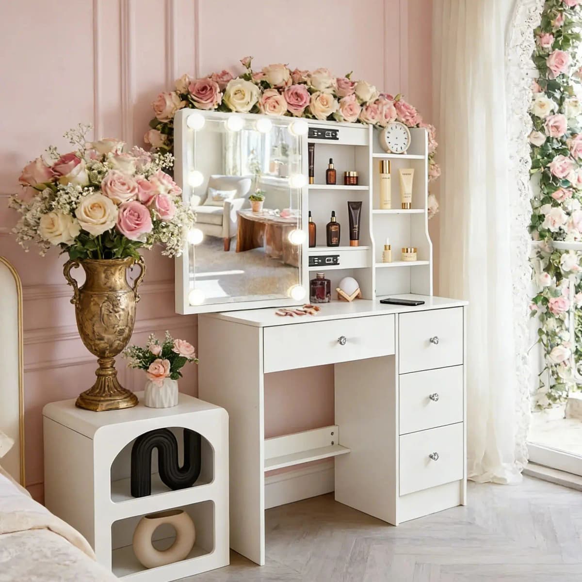Teousev White Modern Wood Vanity Set with Touch Control Dimmable LED Lighted Mirror 7 Drawers Easy Assembly Bedroom Makeup Desk