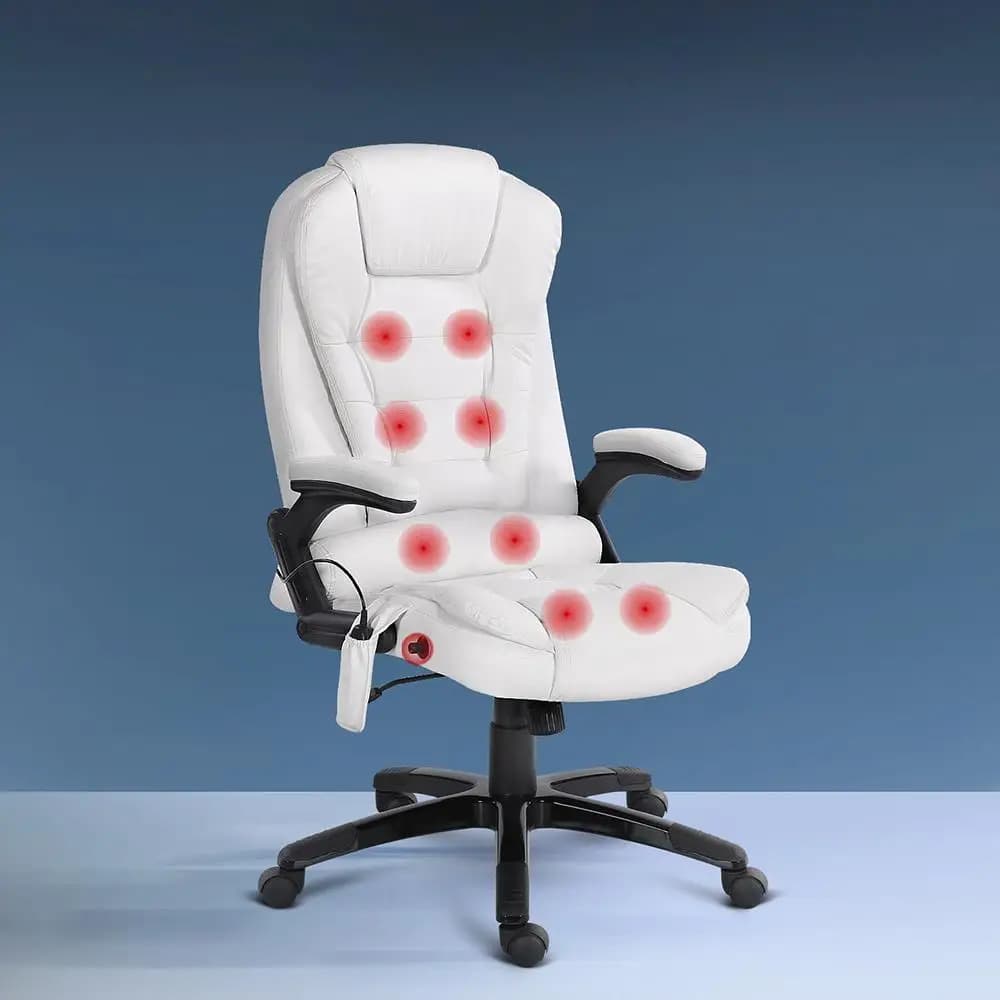 8 Point Heated Massage Office Chair Recliner PU Leather White Ergonomic Adjustable Relaxation Chair