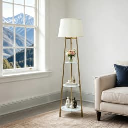 Modern Corner Display Column Bookshelf Lamp, Upgraded Version of Dimmable High Vertical Floor Lamp with Linen Lampshade, LED Bulb, Suitable for Living Room and Reading Room, Bedroom, Office and Nursery, White Marble and Golden Pillars
