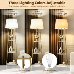 Modern Corner Display Column Bookshelf Lamp, Upgraded Version of Dimmable High Vertical Floor Lamp with Linen Lampshade, LED Bulb, Suitable for Living Room and Reading Room, Bedroom, Office and Nursery, White Marble and Golden Pillars