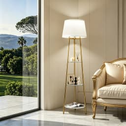 Modern Corner Display Column Bookshelf Lamp, Upgraded Version of Dimmable High Vertical Floor Lamp with Linen Lampshade, LED Bulb, Suitable for Living Room and Reading Room, Bedroom, Office and Nursery, White Marble and Golden Pillars