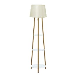 Modern Corner Display Column Bookshelf Lamp, Upgraded Version of Dimmable High Vertical Floor Lamp with Linen Lampshade, LED Bulb, Suitable for Living Room and Reading Room, Bedroom, Office and Nursery, White Marble and Golden Pillars