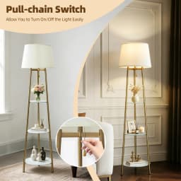 Modern Corner Display Column Bookshelf Lamp, Upgraded Version of Dimmable High Vertical Floor Lamp with Linen Lampshade, LED Bulb, Suitable for Living Room and Reading Room, Bedroom, Office and Nursery, White Marble and Golden Pillars