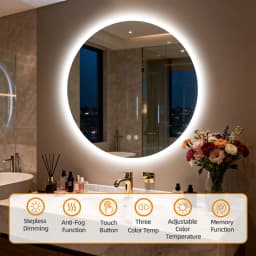 Round LED Bathroom Mirror 500 600 700 800 900mm Wall Vanity Mirror with Aluminum Frame, Anti-Fog, Stepless Dimming, 3000K/4000K/6000K,Memory Function, Backlit, Dual Buttons