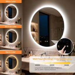 Round LED Bathroom Mirror 500 600 700 800 900mm Wall Vanity Mirror with Aluminum Frame, Anti-Fog, Stepless Dimming, 3000K/4000K/6000K,Memory Function, Backlit, Dual Buttons