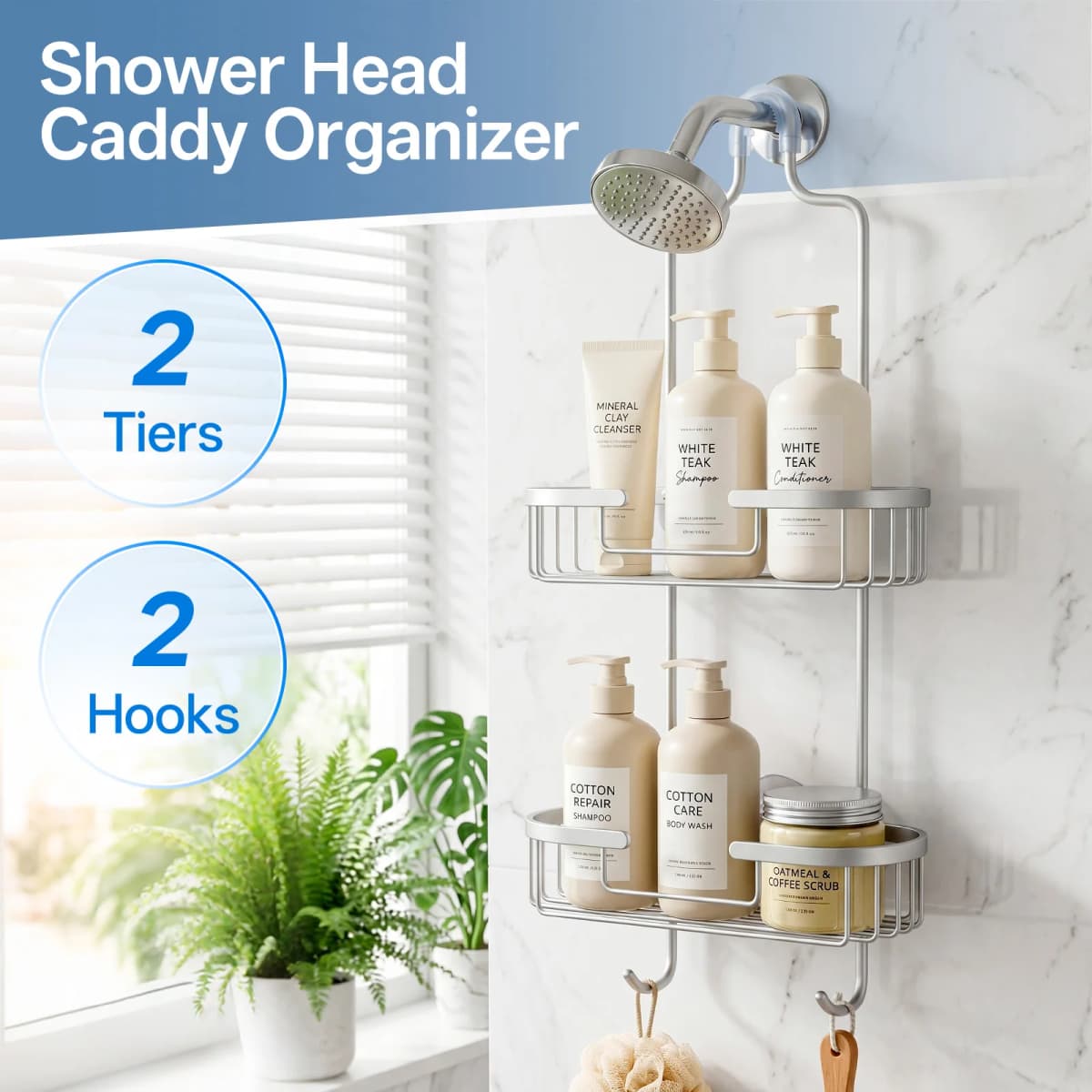 Maxkon 2 Tier Bathroom Shower Caddy Hanging Shelf Storage Holder Inside Over Showerhead Rack Organiser with Hooks Rustproof Aluminium for Shampoo Soap Razor
