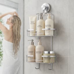 Maxkon 2 Tier Bathroom Shower Caddy Hanging Shelf Storage Holder Inside Over Showerhead Rack Organiser with Hooks Rustproof Aluminium for Shampoo Soap Razor