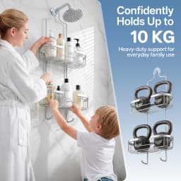Maxkon 2 Tier Bathroom Shower Caddy Hanging Shelf Storage Holder Inside Over Showerhead Rack Organiser with Hooks Rustproof Aluminium for Shampoo Soap Razor