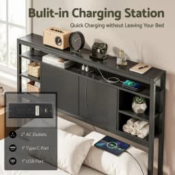King Single Bed Headboard Storage Charging Station Black