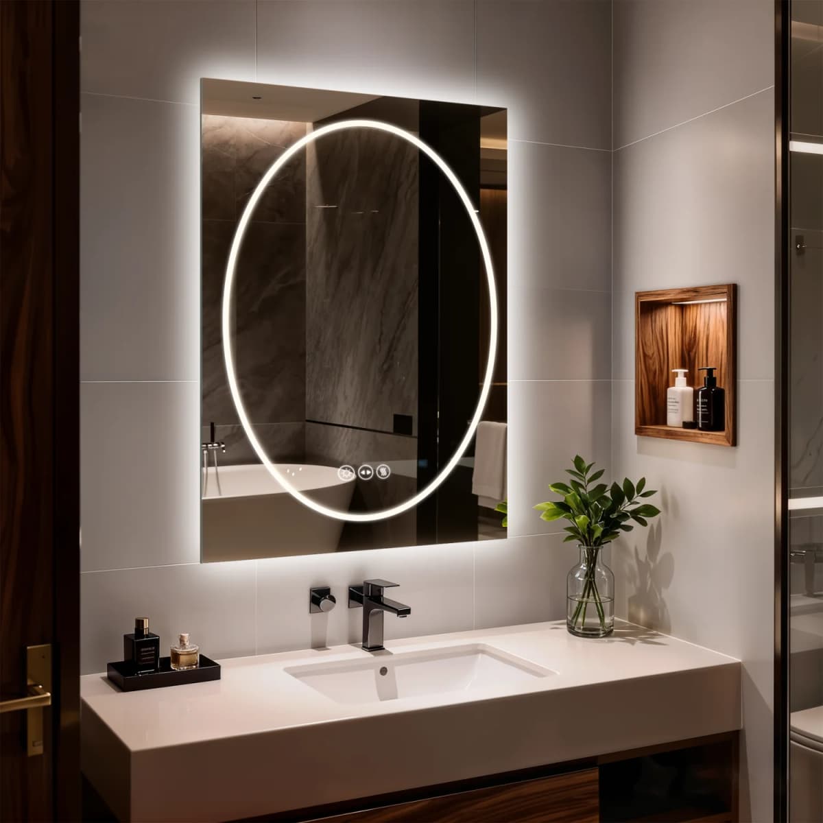 70/80/90CM Double LED Lighted Bathroom Mirror Square-round Tempered Glass Frontlit and Backlit Antifog Vanity Mirror