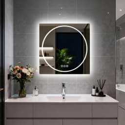 70/80/90CM Double LED Lighted Bathroom Mirror Square-round Tempered Glass Frontlit and Backlit Antifog Vanity Mirror