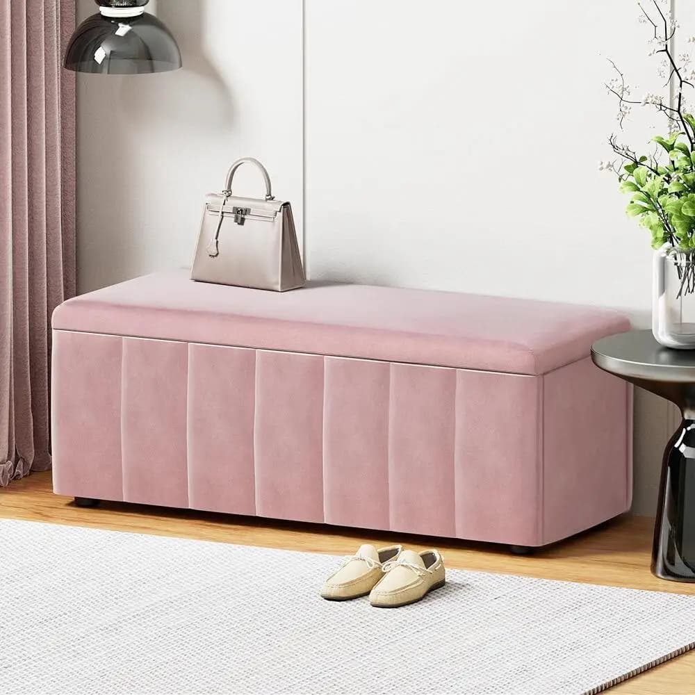 Velvet Pink Storage Ottoman Blanket Box 103cm Foldable Footstool Bench Seat Organizer