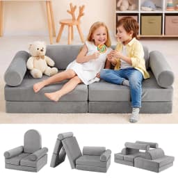 12PCS Modular Kids Play Couch Foam Sofa Set Removable Washable Cover Grey Playroom Furniture