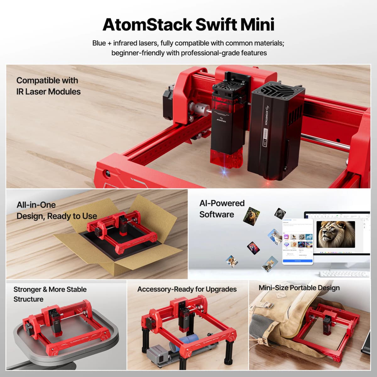 ATOMSTACK Swift Mini 2.5W 3W 5W Laser Engraver Machine Portable Desktop DIY Laser Cutter Beginner Engraving Machine LightBurn LaserGRBL Compatible High Precision Home Hobby Craft Gift Maker For Wood Leather Paper Bamboo Cardboard Acrylic Easy Setup