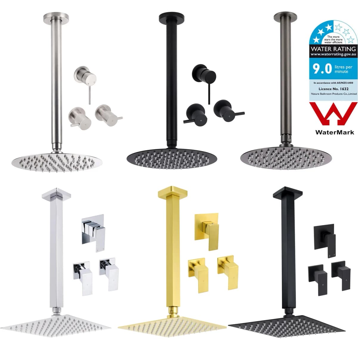 **Sydney Stock** KYLINS Brushed Gold Gun Metal Chrome Black 8-16'' Rain Shower Head Set Ceiling Arm Mixer Taps WELS WATERMARK
