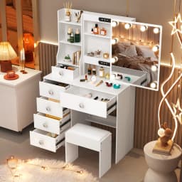 Teousev Dressing Table Vanity Set with Sliding Mirror Frame, 3-Color Dimmable LED Lights, 6 Drawers & Stool, Ideal Bedroom Gift