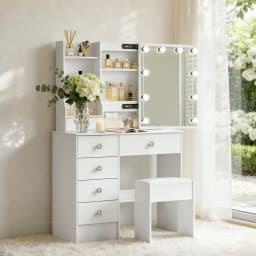 Teousev Dressing Table Vanity Set with Sliding Mirror Frame, 3-Color Dimmable LED Lights, 6 Drawers & Stool, Ideal Bedroom Gift