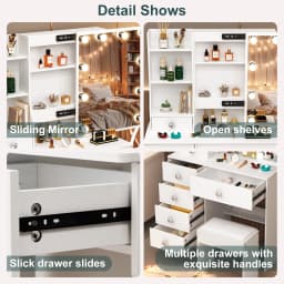 Teousev Dressing Table Vanity Set with Sliding Mirror Frame, 3-Color Dimmable LED Lights, 6 Drawers & Stool, Ideal Bedroom Gift