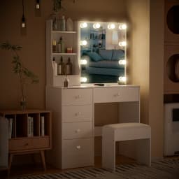 Teousev Dressing Table Vanity Set with Sliding Mirror Frame, 3-Color Dimmable LED Lights, 6 Drawers & Stool, Ideal Bedroom Gift