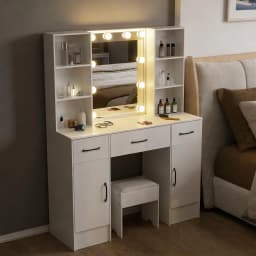 Teousev Makeup Vanity Dressing Table Set with Large 3-Color Dimmable 10 LED Bulbs Mirror 3 Storage Drawers Bedroom Furniture