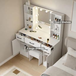 Teousev Makeup Vanity Dressing Table Set with Large 3-Color Dimmable 10 LED Bulbs Mirror 3 Storage Drawers Bedroom Furniture