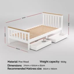 Single Size Wooden Platform Bed Frame with 2 Storage Drawers White Furniture