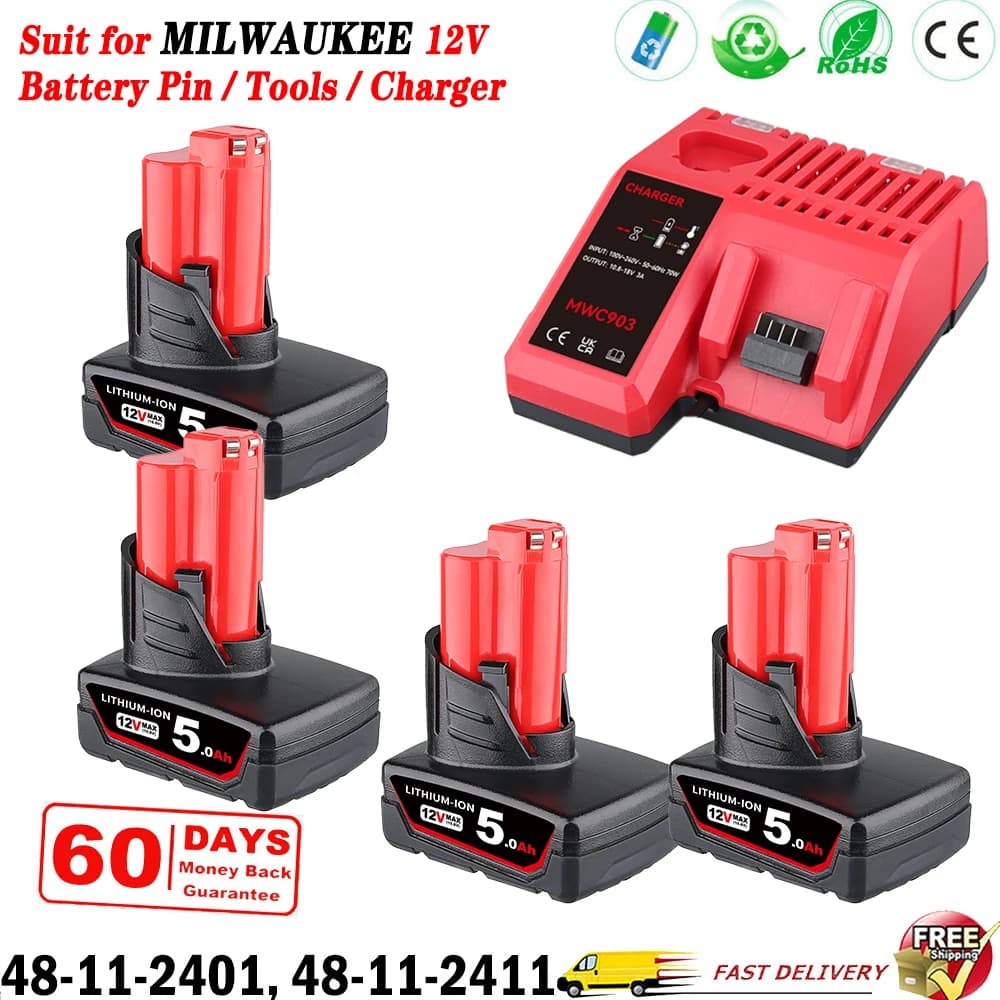 1/2/4 Pcs 5.0Ah M12 Battery + M12-18C Charger Combo Replace for Milwaukee 12V Battery Pin 48-11-24602 48-11-2460 Power Tools