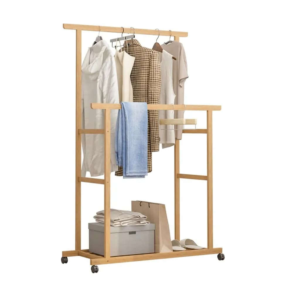 Rolling Clothes Hanging Rack with Double-Rod Wooden Garment Stand with Wheels