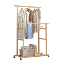 Rolling Clothes Hanging Rack with Double-Rod Wooden Garment Stand with Wheels