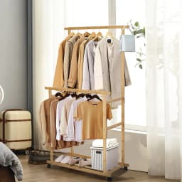 Rolling Clothes Hanging Rack with Double-Rod Wooden Garment Stand with Wheels