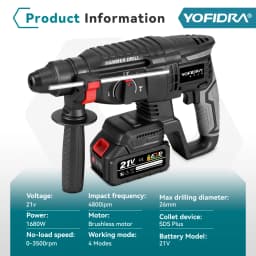 YOFIDRA 26mm Brushless Electric Hammer Drill Cordless Multifunctional Impact Drill Power Tools For Makita 18V Battery Pin