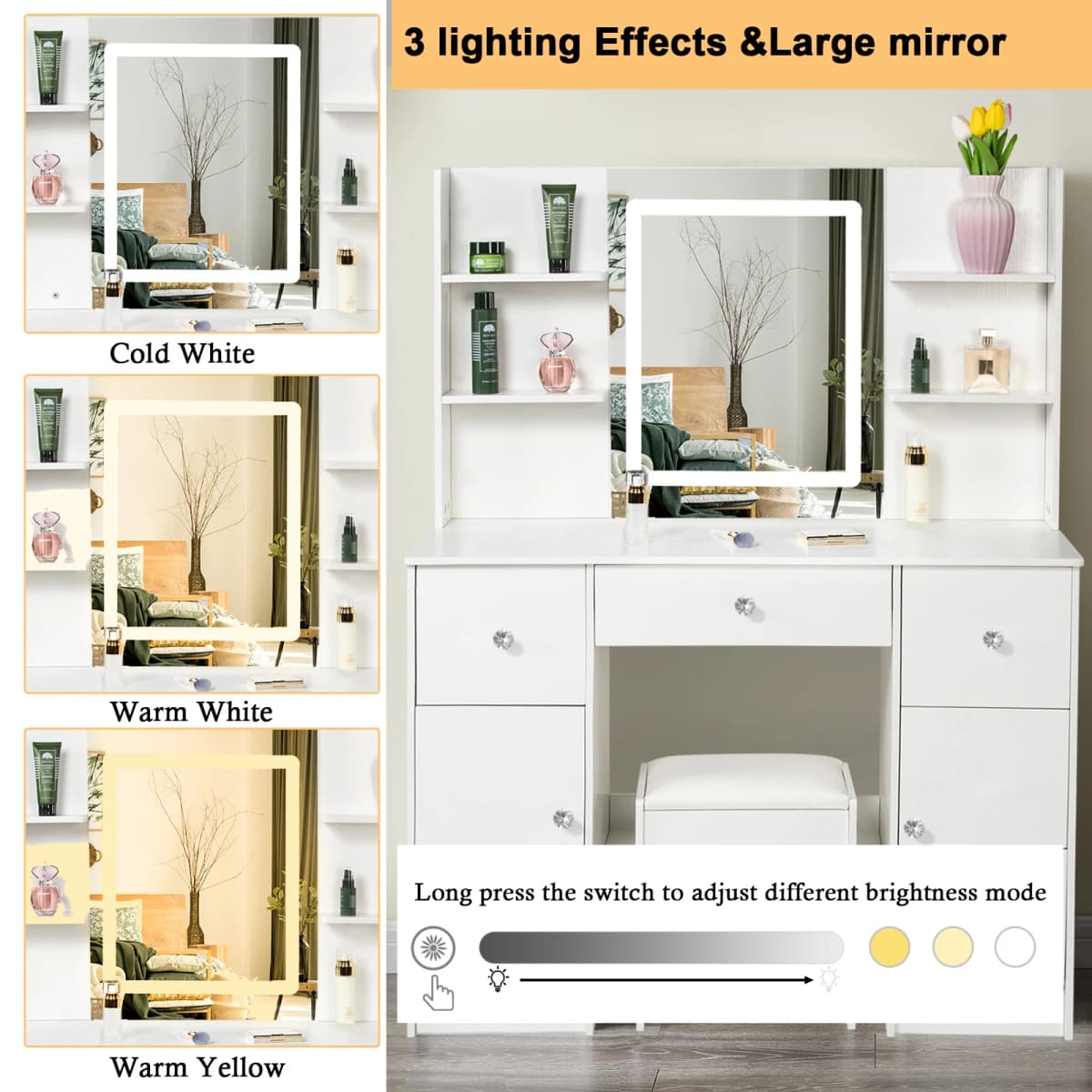 LED Vanity Set With Lighted Mirror Stool Dressing Table Makeup Table W/ Shelves