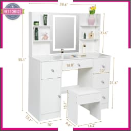 LED Vanity Set With Lighted Mirror Stool Dressing Table Makeup Table W/ Shelves