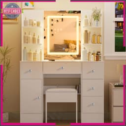 LED Vanity Set With Lighted Mirror Stool Dressing Table Makeup Table W/ Shelves