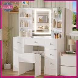 LED Vanity Set With Lighted Mirror Stool Dressing Table Makeup Table W/ Shelves