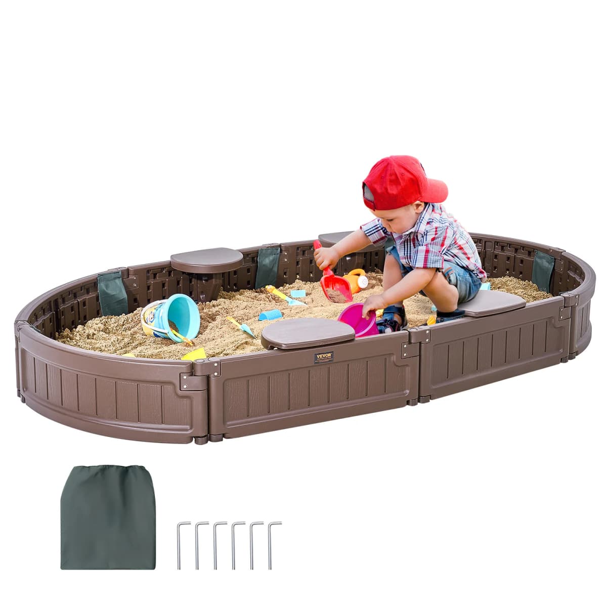 SucceBuy Sandbox with Cover in Square Sand Box Sand Pit w/ 4 Corner Seating and Bottom Liner Kids Sandbox for Outdoor for Kids