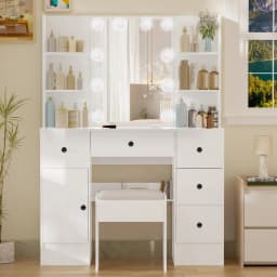 White Modern Vanity Set with Led Lighted Mirror, 5 Drawers & Stool, 3 Color Dimmable, Easy Assembly Bedroom Dressers