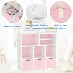 Toy Storage Cabinet with 3 Movable Drawers & 6Cubes, Children's Toy Shelf Kids Bookshelf with Hidden Wheels,Bookcase Toy Storage