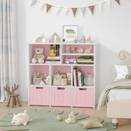 Toy Storage Cabinet with 3 Movable Drawers & 6Cubes, Children's Toy Shelf Kids Bookshelf with Hidden Wheels,Bookcase Toy Storage