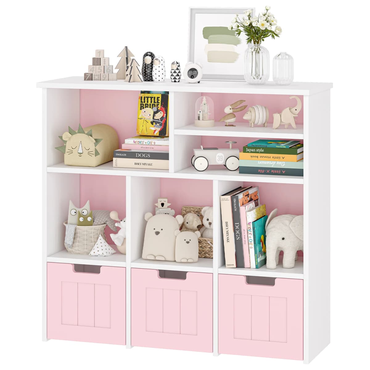 Toy Storage Cabinet with 3 Movable Drawers & 6Cubes, Children's Toy Shelf Kids Bookshelf with Hidden Wheels,Bookcase Toy Storage