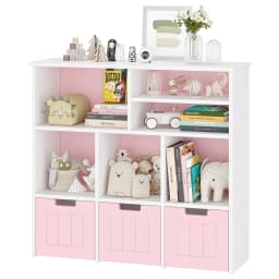 Toy Storage Cabinet with 3 Movable Drawers & 6Cubes, Children's Toy Shelf Kids Bookshelf with Hidden Wheels,Bookcase Toy Storage