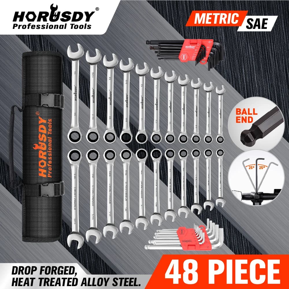 HORUSDY Ratcheting Wrench Set | 48-Piece | Cr-V Steel | 72 Teeth Ratchet Wrench 6-18mm & SAE 1/4-3/4" | with Roll Up Pouch